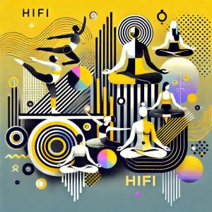 “Abstract illustration featuring diverse figures in dynamic poses symbolizing energy and calm, meditative stances representing relaxation. The composition uses HiFi Yellow, Black, and White with accents of Neon Pink and Metallic Tones. Geometric patterns and organic curves blend harmoniously, with subtle industrial textures and tech-inspired soundwave motifs. The design conveys balance, inclusivity, and wellness.”