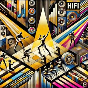 A vibrant, geometric-style digital illustration of a live music scene. The image features abstracted, diverse figures in dynamic poses representing different performance tiers: a central bold performer in a golden spotlight, musicians engaging the crowd, and others creating rhythmic beats in the background. The color palette includes HiFi Yellow, black, white, neon pink, and metallic tones. Industrial textures, angular patterns, and abstract sound waves add energy to the scene.