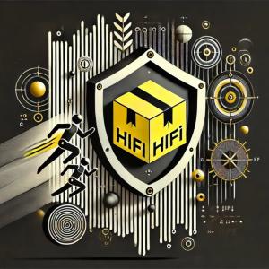 Abstract HiFi-style image of a sealed package in motion, with geometric lines, ripple effects, and shield shapes suggesting fast, secure, and discreet delivery.