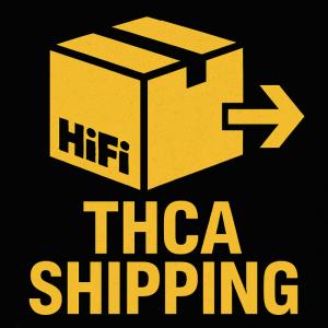 Graphic of a plain yellow shipping box labeled “HiFi” with a bold arrow pointing right, set above the words “THCA SHIPPING” on a high-contrast black background, symbolizing legal shipping from out of state.
