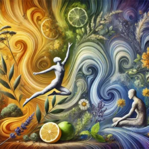 ​abstract digital artwork illustrating the effects of terpenes featuring swirling colors golden yellow for energy bright orange for uplift soft green for balance deep blue for relaxation and glowing purple for restoration Abstract figures in dynamic poses emerge from these colors surrounded by natural elements like pine needles citrus slices lavender sprigs peppermint leaves and blooming flowers The background includes organic textures and mist like patterns evoking a natural sensory experience