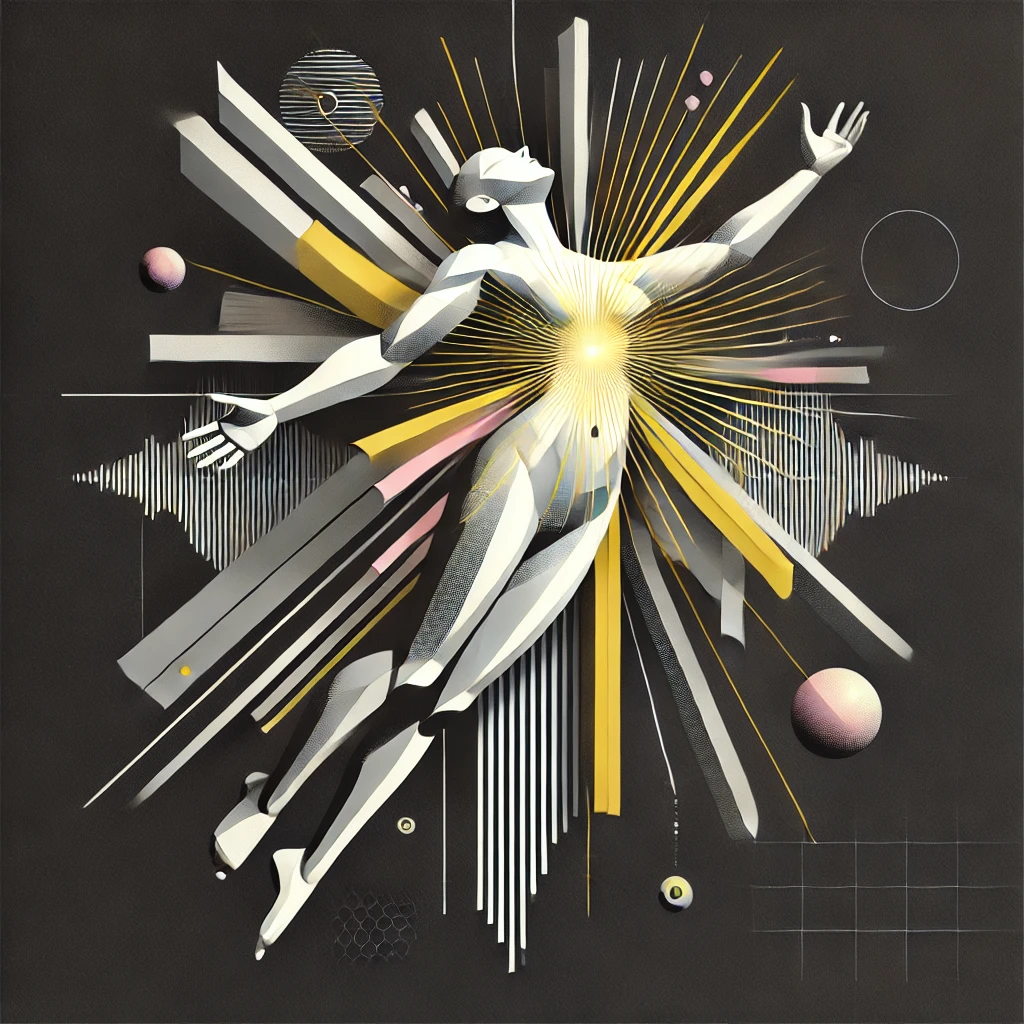 Abstract figure floating against a black background radiating geometric yellow and white energy from the chest with pink and silver accents symbolizing euphoria and romantic emotion