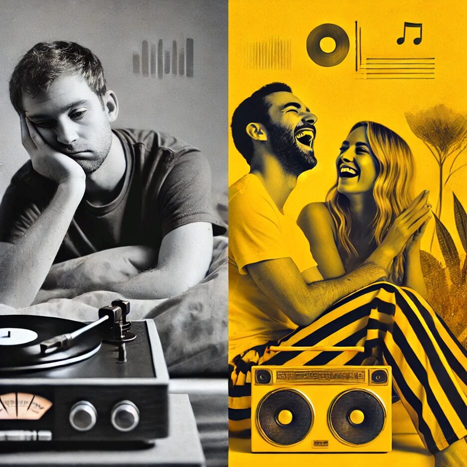 High vibes higher drive the truth about thc and your libido A person lying in bed and a record player alone vs A couple laughing and jamming together
