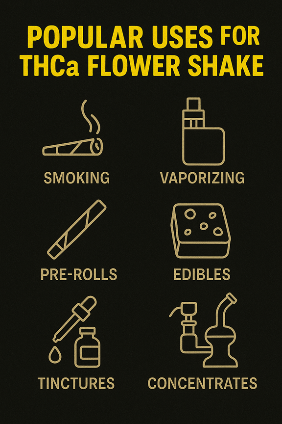 A black background with text overlay on popular uses for thca flower shake smoking vaporizing pre rolls edibles tinctures concentrates
