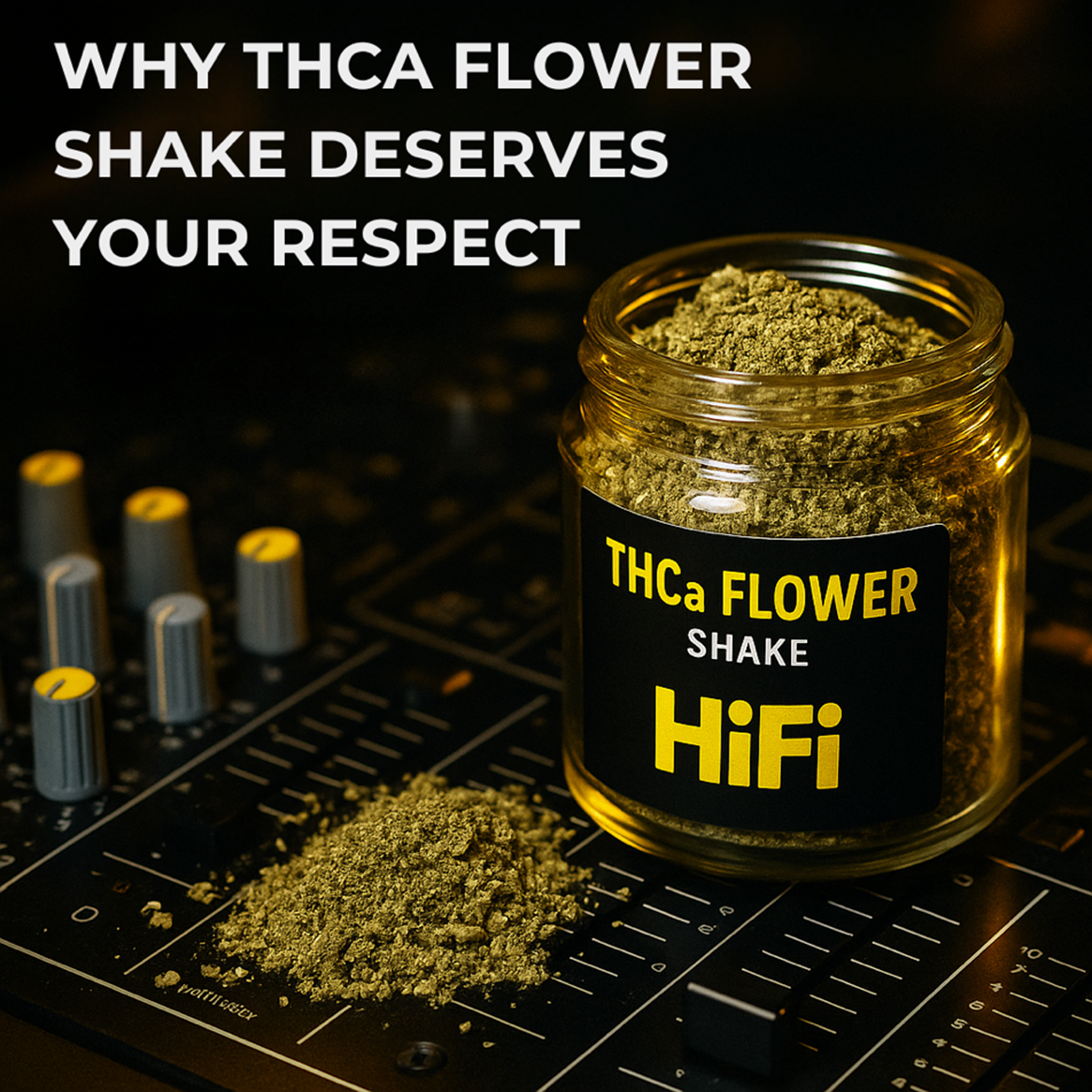 Shake the stigma why thca flower shake deserves your respect A jar of green powder on a black surface