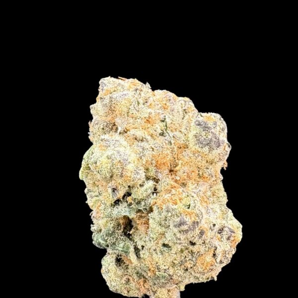 Close-up of a frosty cannabis nugget with orange hairs on a black background, highlighting trichomes and dense buds.