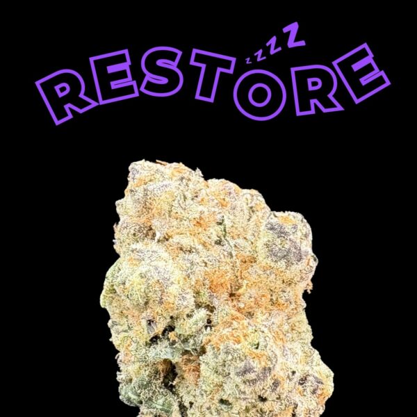 Frosted cannabis bud on a black background with bold purple text reading RESTORE arcing above it.