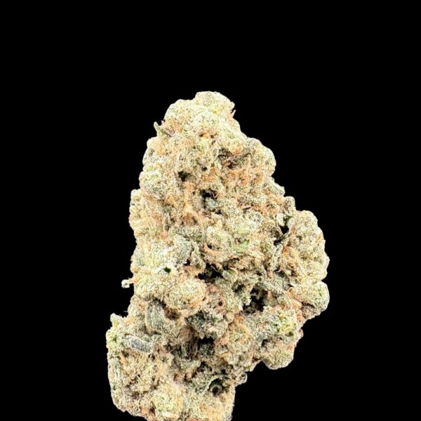 Close-up of a frosty cannabis bud with orange hairs against a black background.