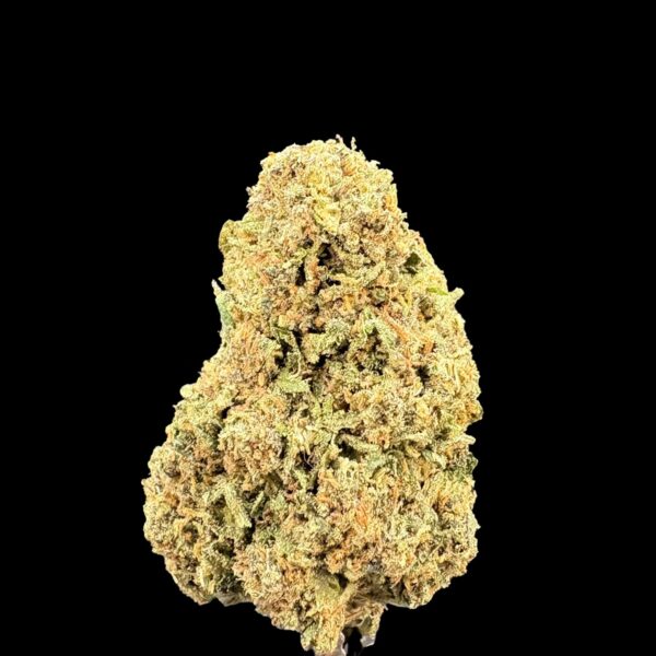 Close-up of a dense cannabis bud with frosty trichomes against a black background.