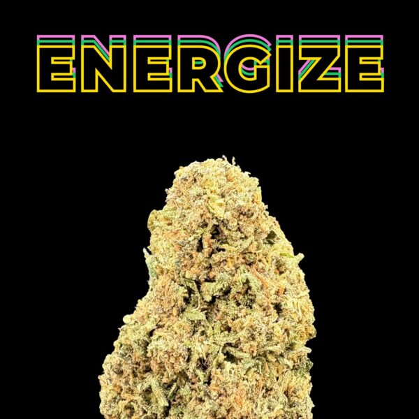 Close-up of a cannabis bud on a black background with 'ENERGIZE' in neon letters above.