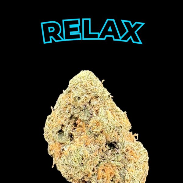 Dark background with a large cannabis bud in the lower half and the word RELAX in blue outlined letters at the top.