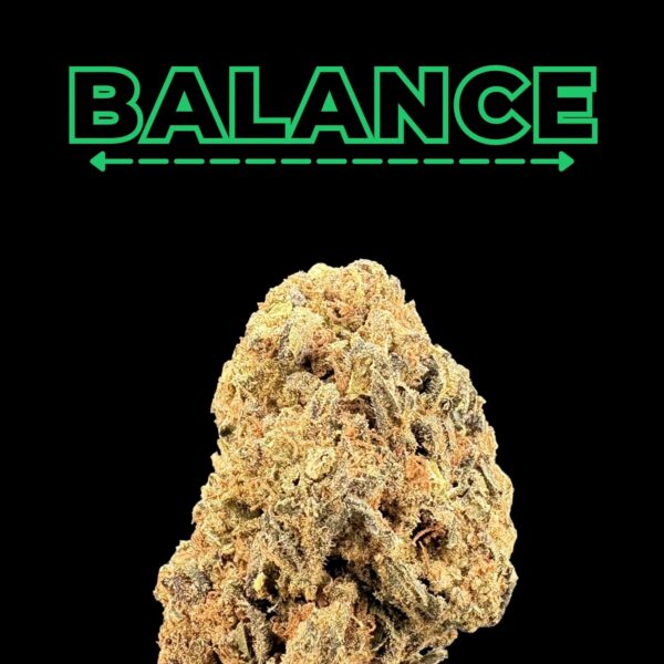 Balance logo in neon green with arrows on a black background, over a large cannabis nugget at the bottom text conveys brand identity and product context.
