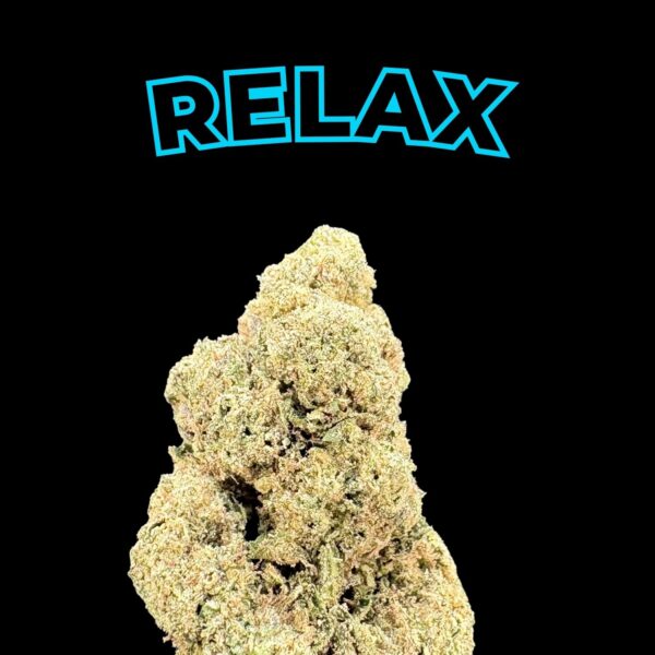 A large cannabis bud on a black background with the word RELAX in blue outlined letters above.
