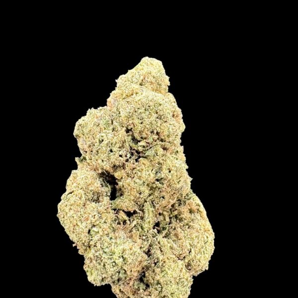 Close-up of a dense cannabis bud with frosty trichomes on a black background.