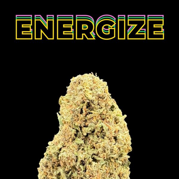 Neon-outline text 'ENERGIZE' above a large cannabis bud against a black background, colorful neon framing the word.