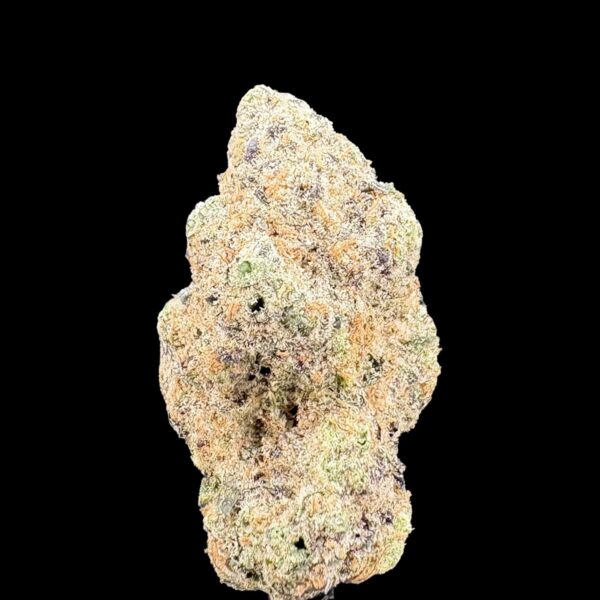 Dense cannabis bud with frosty trichomes and orange hairs on a black background.