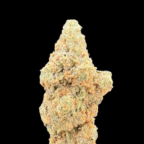 Close-up of a cannabis bud covered in frosty trichomes and orange pistils against a black background.