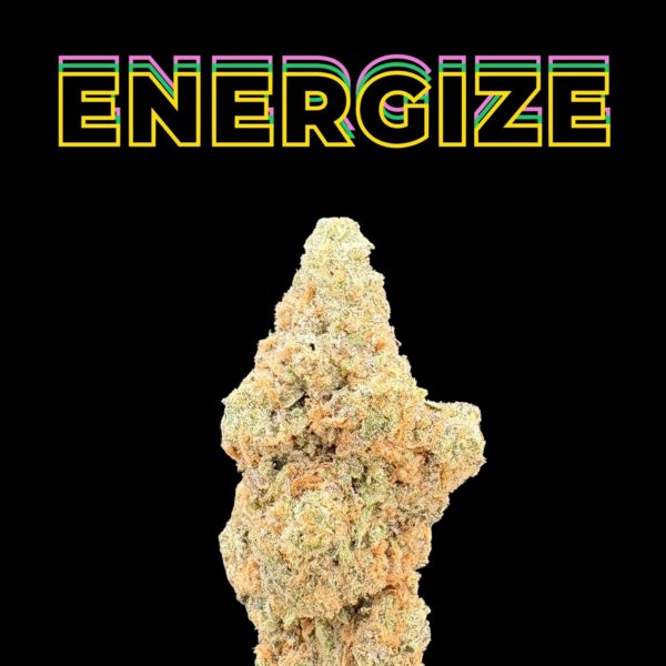 Cannabis bud centered on a black background with the word ENERGIZE in neon multi-color outline above.