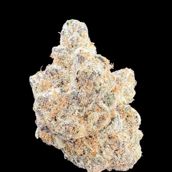 Close-up of a dense cannabis bud covered in white trichomes against a black background.