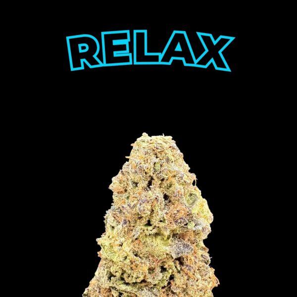 Frosty cannabis bud in focus against a black background with the word RELAX in blue lettering above it.