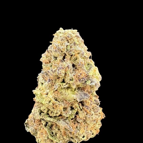 Close-up of a dense cannabis bud with frosty trichomes on a black background.