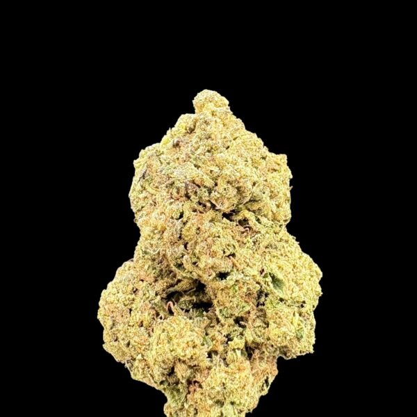 Close-up of a dense cannabis bud with frosty trichomes on a black background.