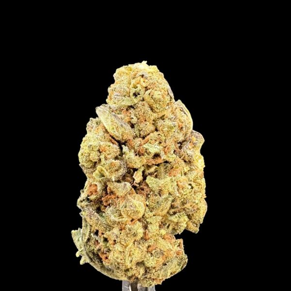 Dense cannabis bud covered in frosty trichomes on a black background, showing orange pistils and green nugget.