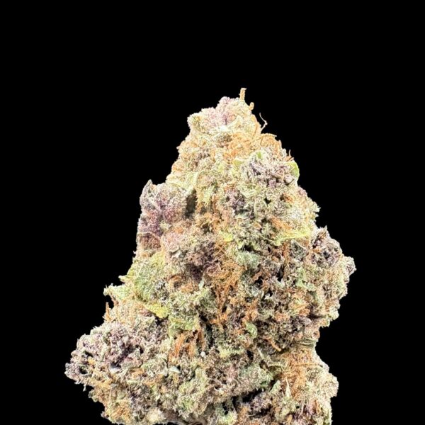 Dense cannabis bud with frosty trichomes on a black background, showing green, orange, and purple hues