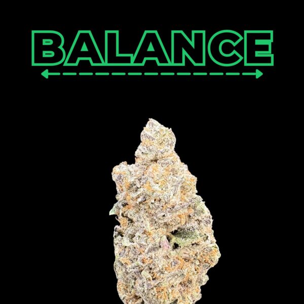 Green outlined BALANCE text with dashed line and arrows on a black background; cannabis bud sits below the text.