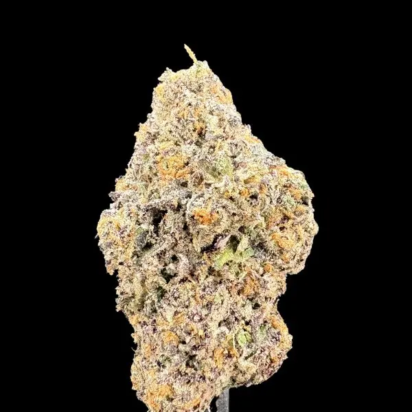 Close-up of a dense cannabis bud covered with white trichomes and orange hairs on a black background.
