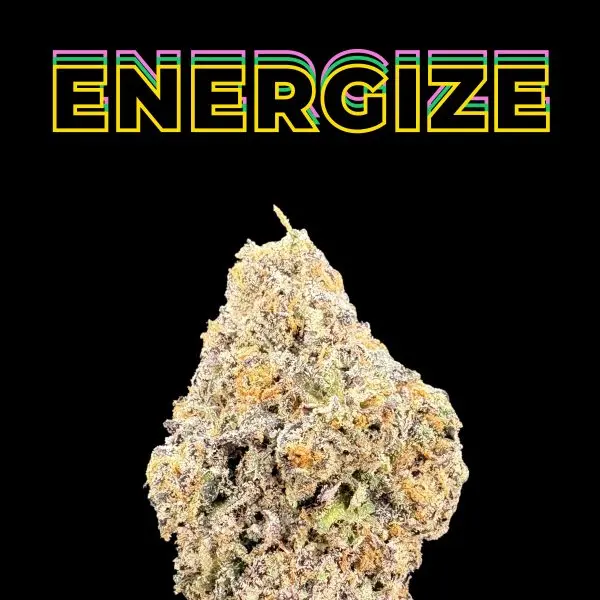Bold yellow-outlined word ENERGIZE with multicolored horizontal frames on a black background; a rocky formation appears at the bottom.