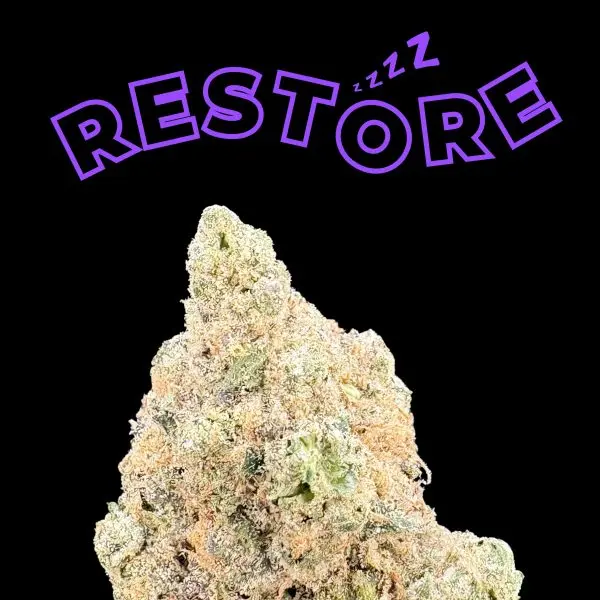 Close-up of a dense cannabis bud on a black background with the word RESTORE in large purple curved letters above.