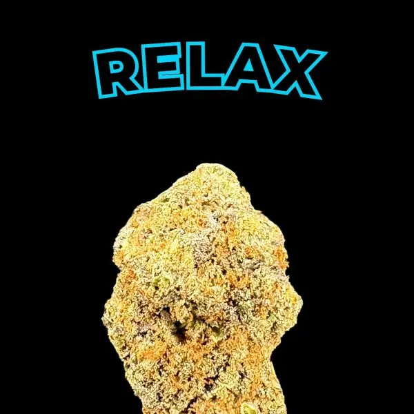 Blue outlined word RELAX above a cannabis nugget on a black background.
