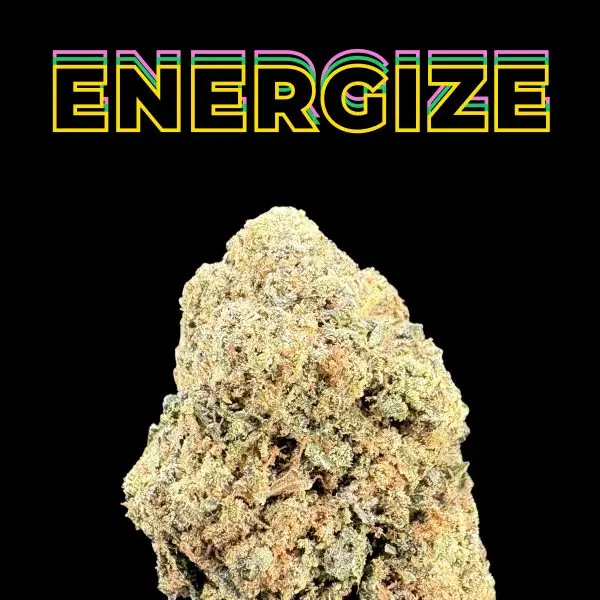 Poster-style image: the word ENERGIZE in yellow outline with rainbow stripes on a black background above a rocky formation.