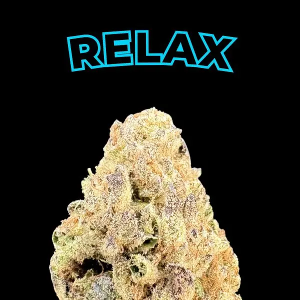 Blue, stylized the word RELAX above a textured rock formation on a black background, creating a bold graphic.
