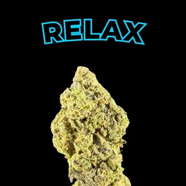 Blue outlined word RELAX above a textured rock against a black background, like a poster design.