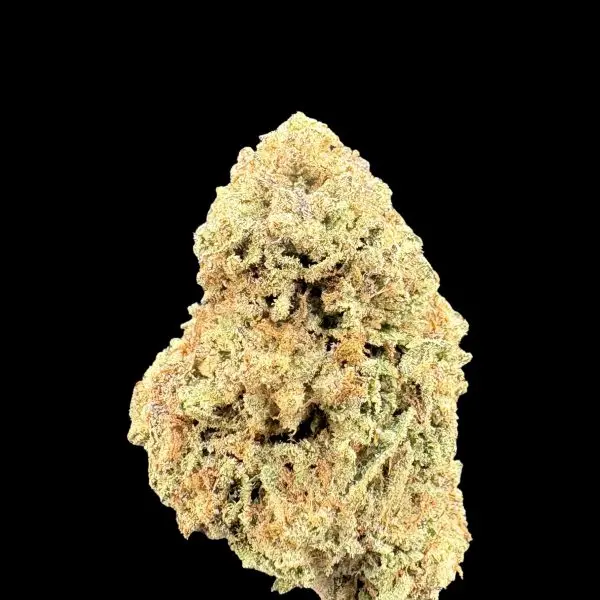 Macro shot of a dense cannabis bud with orange pistils on a black background, showing frosty trichomes.
