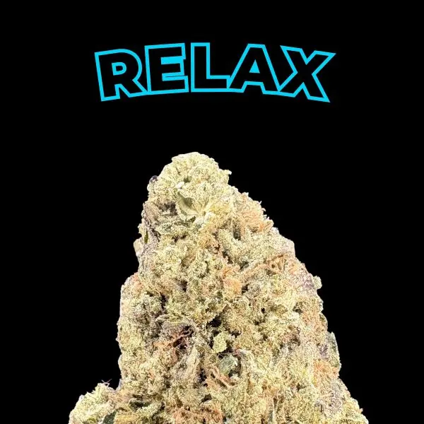 Large textured rock formation against a black background with the blue outlined word RELAX above it