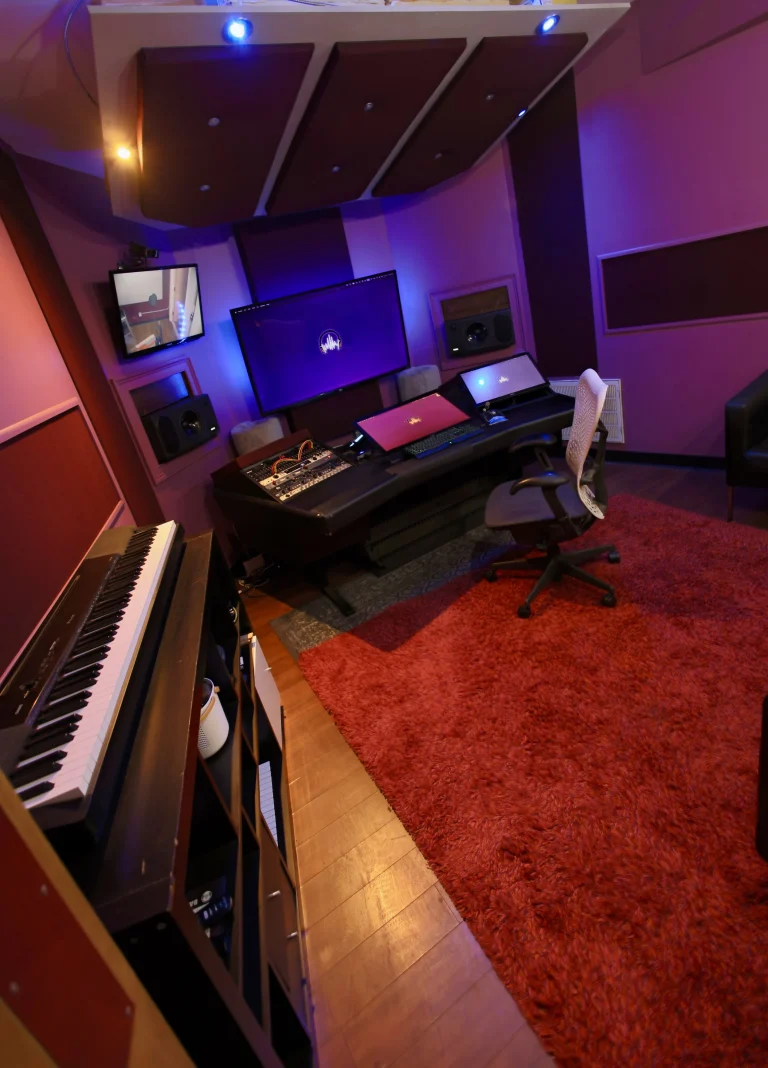 The 713 room at Barron Studios, overhead angle with blue and purple lighting
