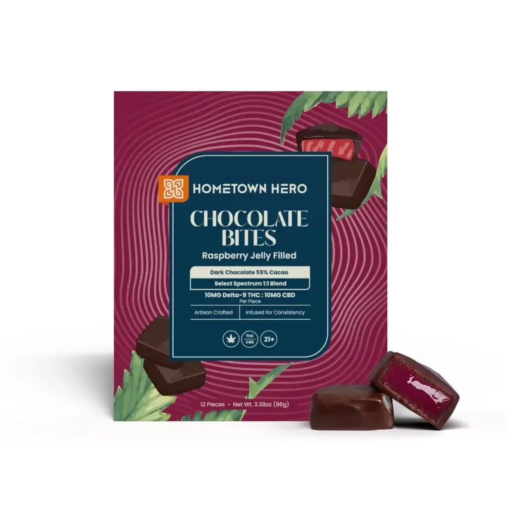 Raspberry Jelly Dark Chocolate Bites - Delta 9 + CBD, 10mg Each (12ct) THC edible